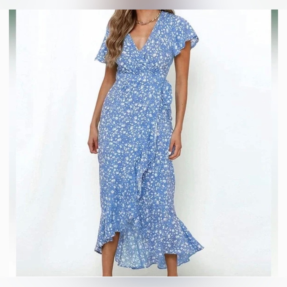 ZESICA Blue floral wrap midi dress SMALL